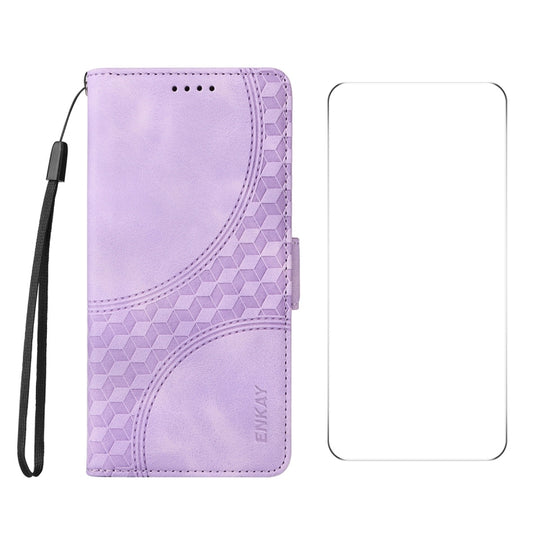 For OPPO Reno12 F 4G Global ENKAY Embossed Rhombus Starry Leather Phone Case with Screen Film(Purple)