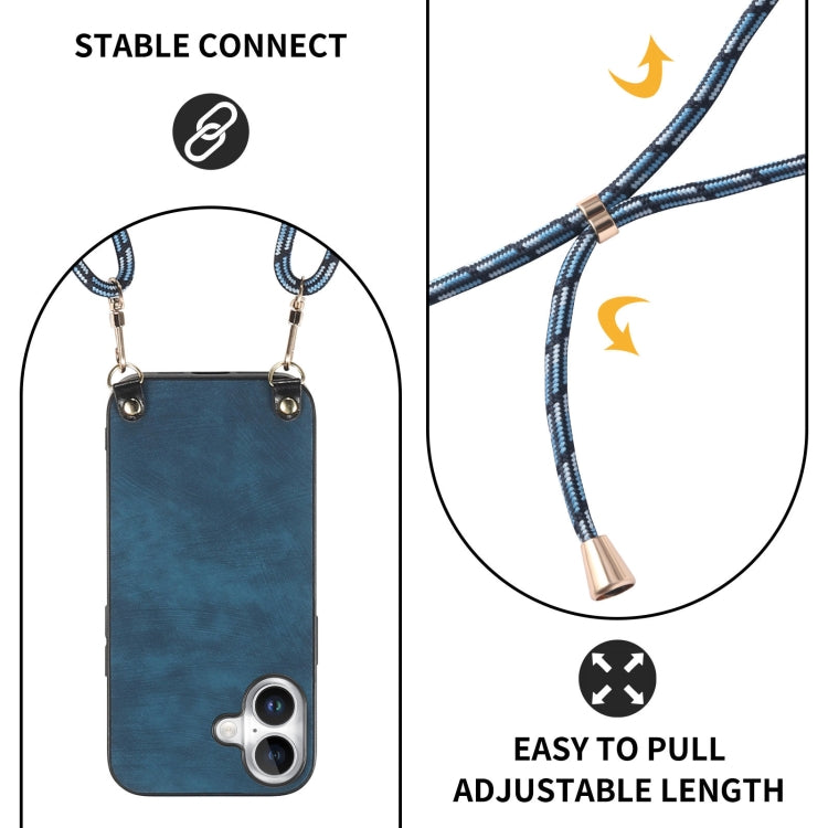 For iPhone 16 Vintage Leather PC Back Cover Phone Case with Crossbody Strap(Blue) - iPhone 16 Cases by buy2fix | Online Shopping UK | buy2fix