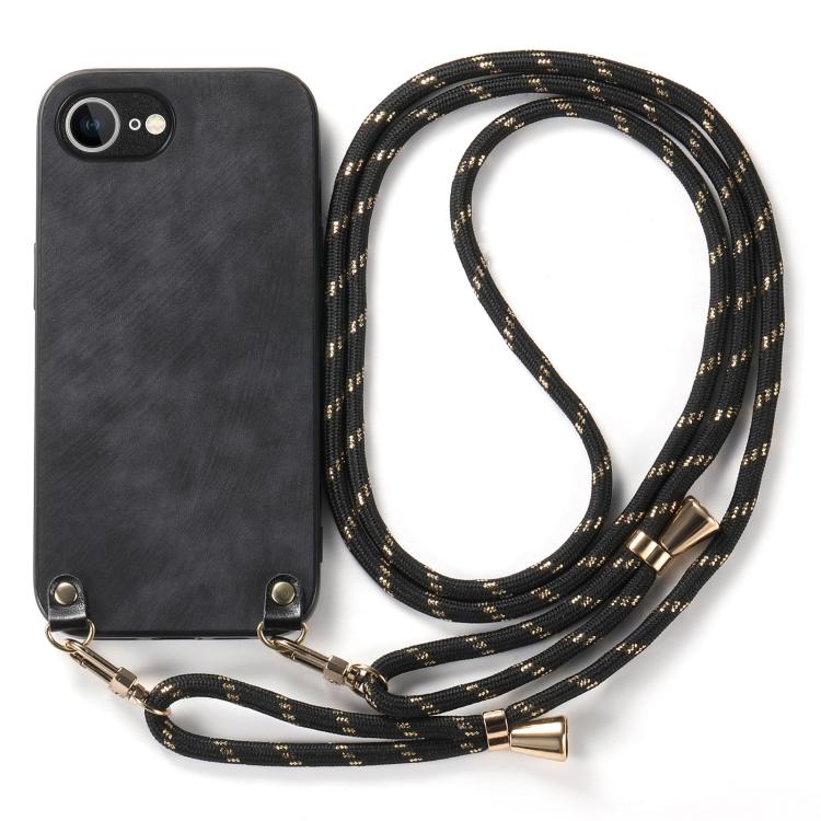 For  iPhone 16e Vintage Leather PC Back Cover Phone Case with Crossbody Strap(Black) - iPhone 16e Cases by buy2fix | Online Shopping UK | buy2fix