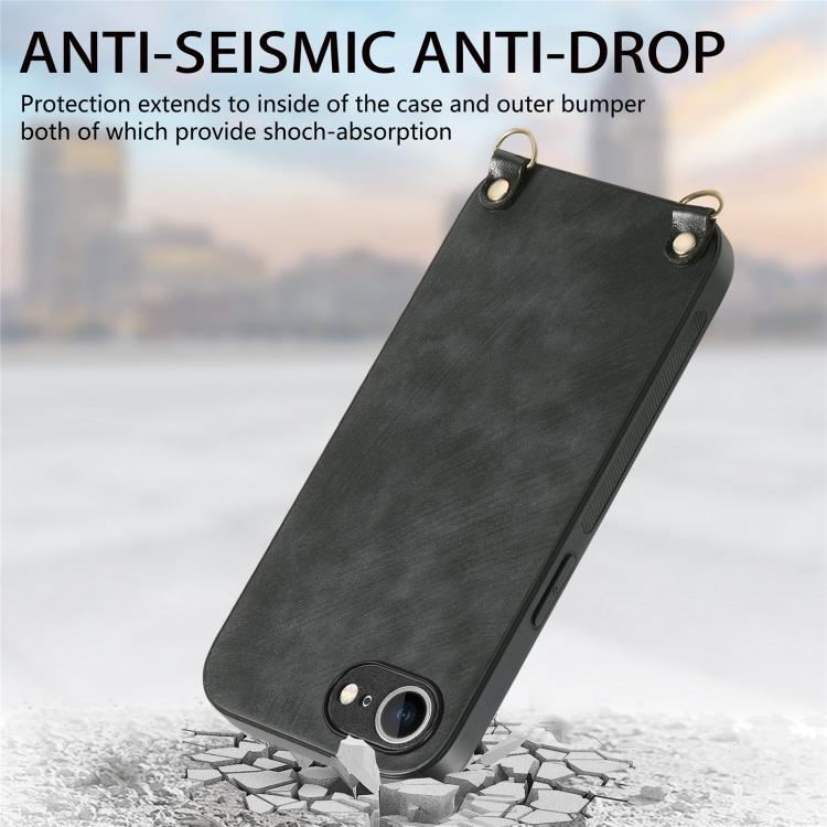 For  iPhone 16e Vintage Leather PC Back Cover Phone Case with Crossbody Strap(Black) - iPhone 16e Cases by buy2fix | Online Shopping UK | buy2fix