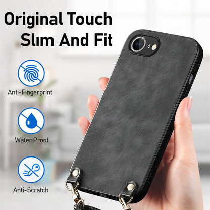For  iPhone 16e Vintage Leather PC Back Cover Phone Case with Crossbody Strap(Black) - iPhone 16e Cases by buy2fix | Online Shopping UK | buy2fix