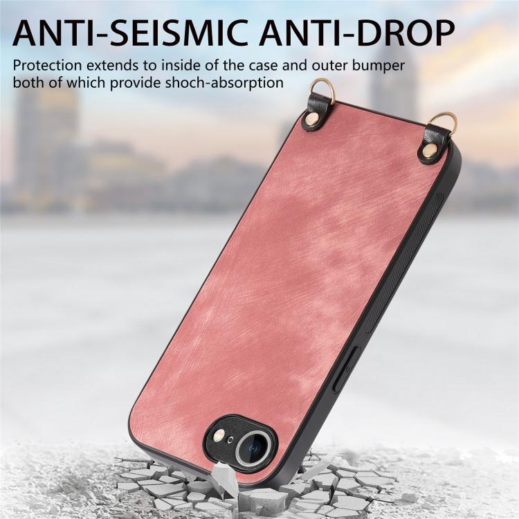 For  iPhone 16e Vintage Leather PC Back Cover Phone Case with Crossbody Strap(Pink) - iPhone 16e Cases by buy2fix | Online Shopping UK | buy2fix