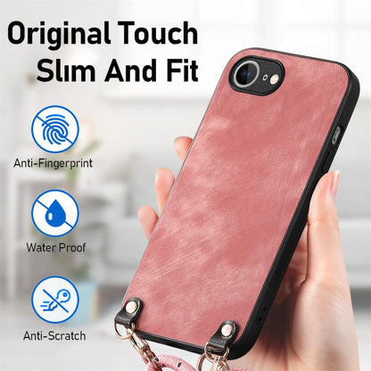For  iPhone 16e Vintage Leather PC Back Cover Phone Case with Crossbody Strap(Pink) - iPhone 16e Cases by buy2fix | Online Shopping UK | buy2fix