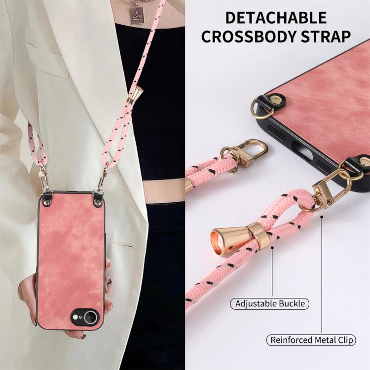 For  iPhone 16e Vintage Leather PC Back Cover Phone Case with Crossbody Strap(Pink) - iPhone 16e Cases by buy2fix | Online Shopping UK | buy2fix