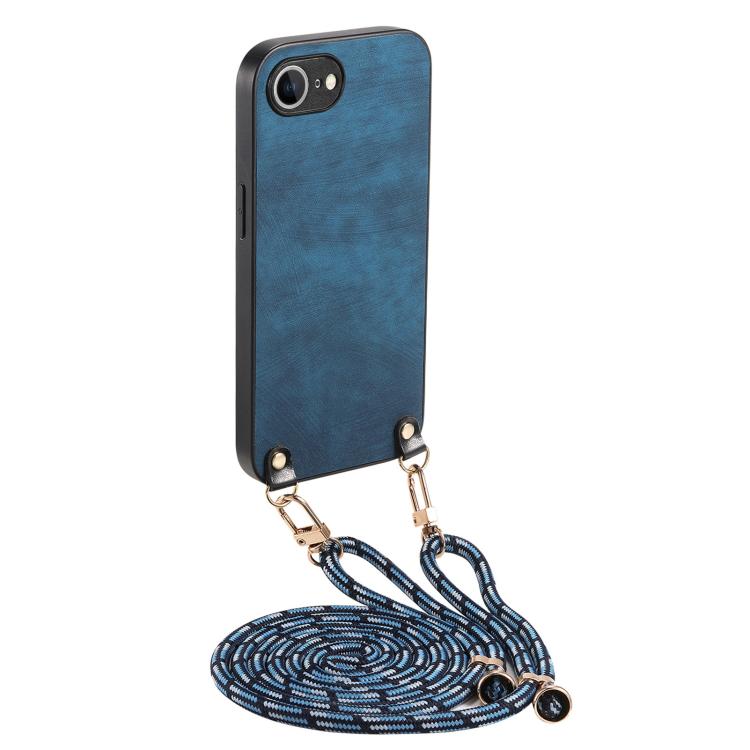 For  iPhone 16e Vintage Leather PC Back Cover Phone Case with Crossbody Strap(Blue) - iPhone 16e Cases by buy2fix | Online Shopping UK | buy2fix