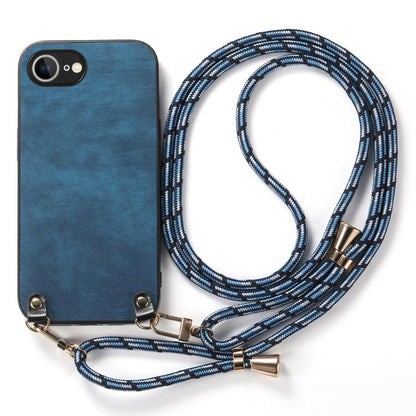 For  iPhone 16e Vintage Leather PC Back Cover Phone Case with Crossbody Strap(Blue) - iPhone 16e Cases by buy2fix | Online Shopping UK | buy2fix