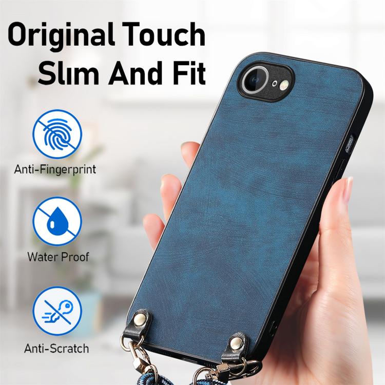 For  iPhone 16e Vintage Leather PC Back Cover Phone Case with Crossbody Strap(Blue) - iPhone 16e Cases by buy2fix | Online Shopping UK | buy2fix