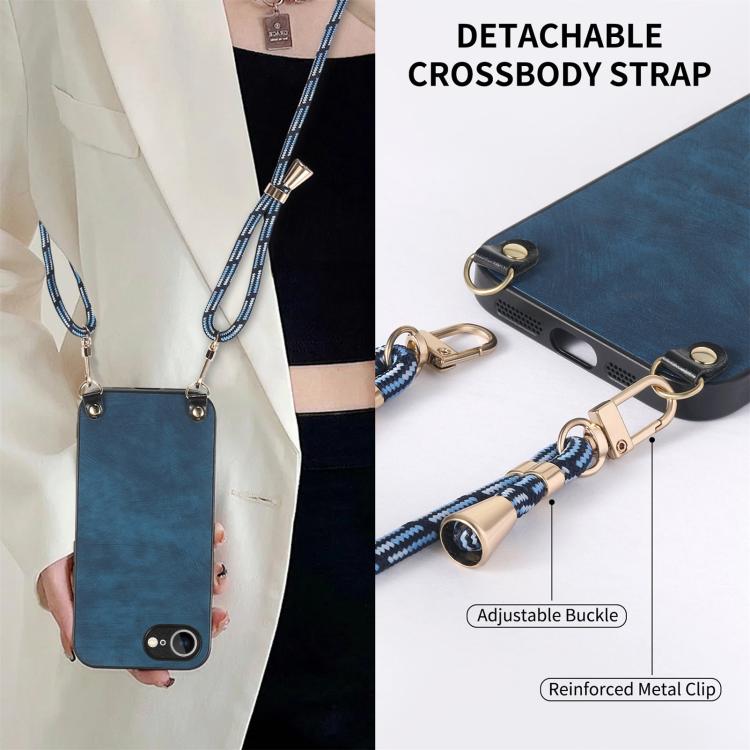 For  iPhone 16e Vintage Leather PC Back Cover Phone Case with Crossbody Strap(Blue) - iPhone 16e Cases by buy2fix | Online Shopping UK | buy2fix