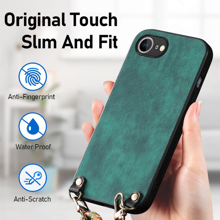 For  iPhone 16e Vintage Leather PC Back Cover Phone Case with Crossbody Strap(Green) - iPhone 16e Cases by buy2fix | Online Shopping UK | buy2fix