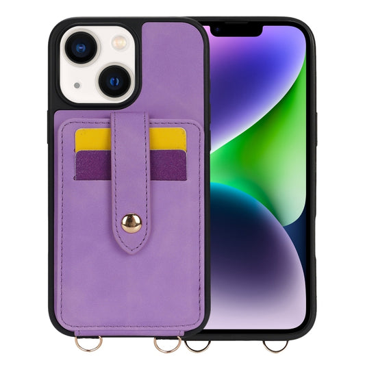 For iPhone 14 Crossbody Skin Card Bag Lanyard Phone Case(Purple) - iPhone 14 Cases by buy2fix | Online Shopping UK | buy2fix