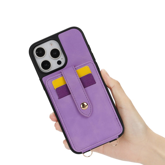 For iPhone 14 Crossbody Skin Card Bag Lanyard Phone Case(Purple) - iPhone 14 Cases by buy2fix | Online Shopping UK | buy2fix
