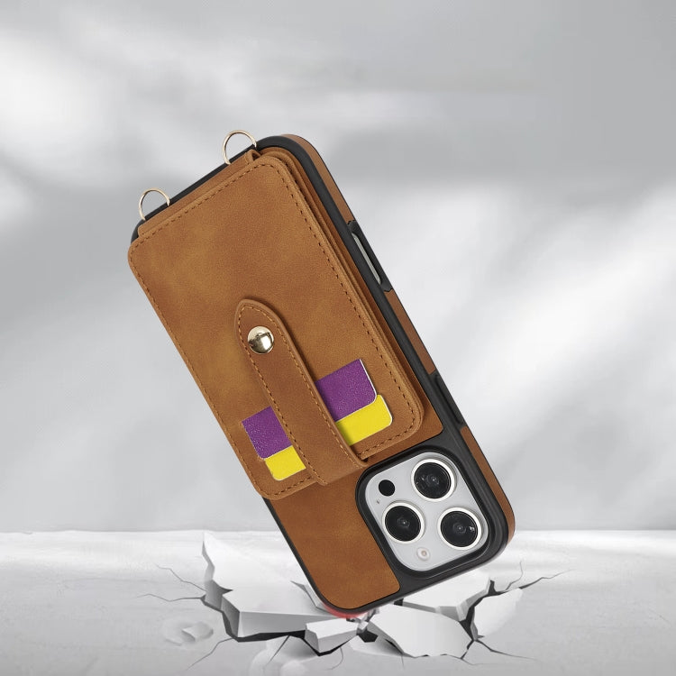 For iPhone 14 Crossbody Skin Card Bag Lanyard Phone Case(Brown) - iPhone 14 Cases by buy2fix | Online Shopping UK | buy2fix