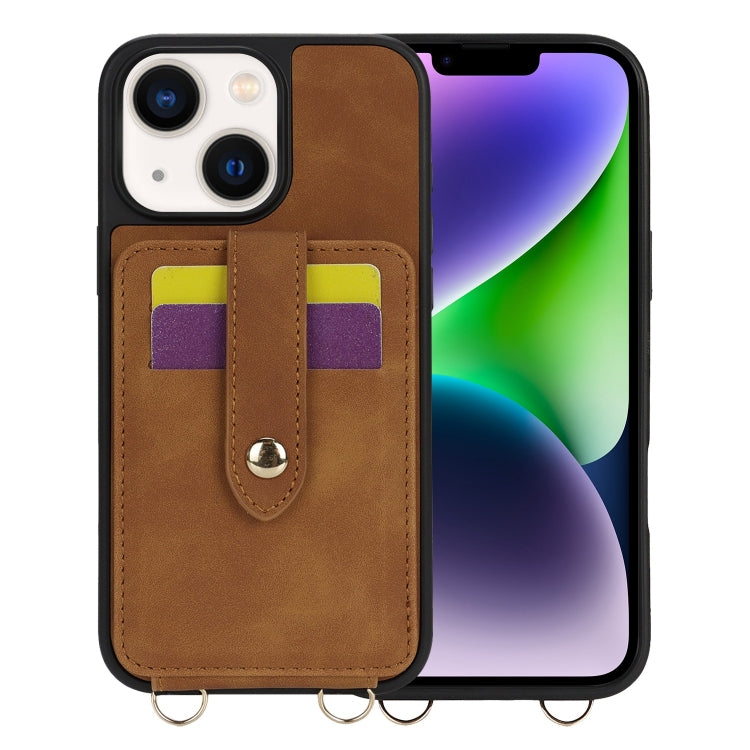For iPhone 14 Plus Crossbody Skin Card Bag Lanyard Phone Case(Brown) - iPhone 14 Plus Cases by buy2fix | Online Shopping UK | buy2fix