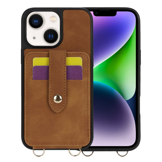 For iPhone 14 Plus Crossbody Skin Card Bag Lanyard Phone Case(Brown) - iPhone 14 Plus Cases by buy2fix | Online Shopping UK | buy2fix