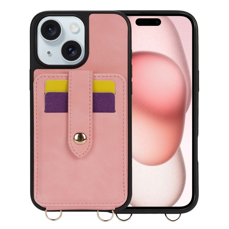 For iPhone 15 Crossbody Skin Card Bag Lanyard Phone Case(Pink) - iPhone 15 Cases by buy2fix | Online Shopping UK | buy2fix