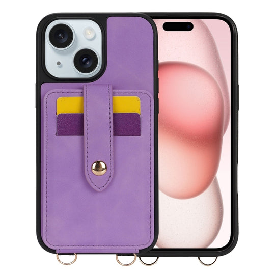 For iPhone 15 Crossbody Skin Card Bag Lanyard Phone Case(Purple)