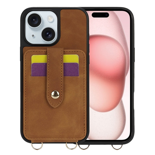 For iPhone 15 Crossbody Skin Card Bag Lanyard Phone Case(Brown) - iPhone 15 Cases by buy2fix | Online Shopping UK | buy2fix