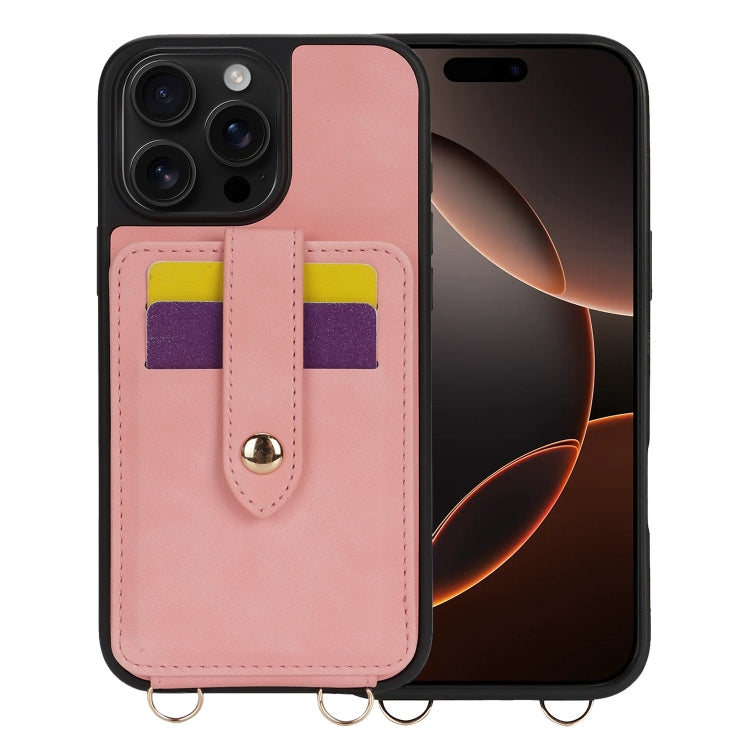 For iPhone 16 Pro Max Crossbody Skin Card Bag Lanyard Phone Case(Pink) by buy2fix