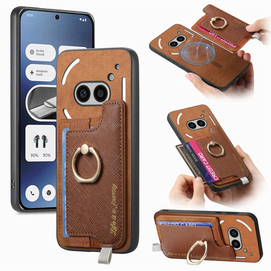For Nothing CMF Phone 1 Retro Magsafe Cross Leather Ring Holder Card Bag Phone Case(Brown) - Nothing Cases by buy2fix | Online Shopping UK | buy2fix