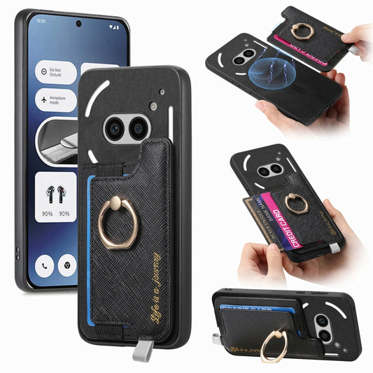For Nothing CMF Phone 1 Retro Magsafe Cross Leather Ring Holder Card Bag Phone Case(Black) - Nothing Cases by buy2fix | Online Shopping UK | buy2fix