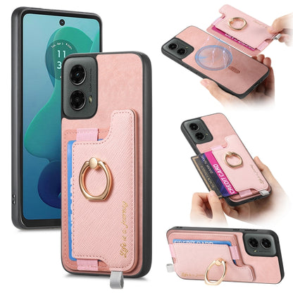 For Motorola Moto G 5G 2024 Retro Magsafe Cross Leather Ring Holder Card Bag Phone Case(Pink) by buy2fix