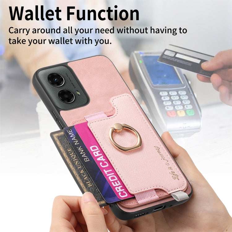 For Motorola Moto G 5G 2024 Retro Magsafe Cross Leather Ring Holder Card Bag Phone Case(Pink) by buy2fix