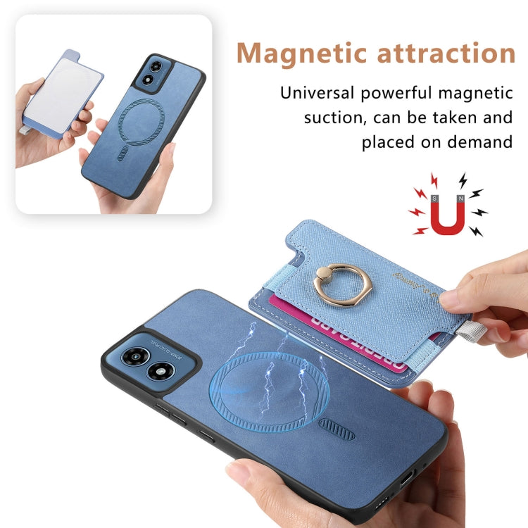 For Motorola Moto G Play 2024 4G Retro Magsafe Cross Leather Ring Holder Card Bag Phone Case(Blue) by buy2fix