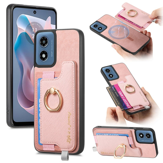 For Motorola Moto G Play 2024 4G Retro Magsafe Cross Leather Ring Holder Card Bag Phone Case(Pink) by buy2fix