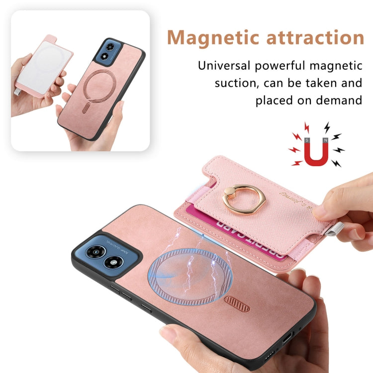 For Motorola Moto G Play 2024 4G Retro Magsafe Cross Leather Ring Holder Card Bag Phone Case(Pink) by buy2fix