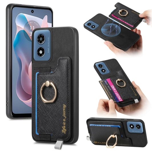 For Motorola Moto G Play 2024 4G Retro Magsafe Cross Leather Ring Holder Card Bag Phone Case(Black) by buy2fix