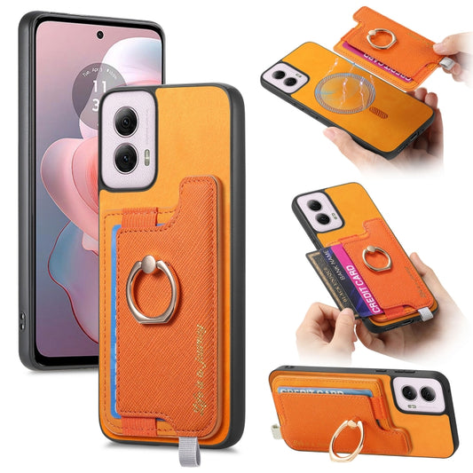 For Motorola Moto G Power 2024 5G Retro Magsafe Cross Leather Ring Holder Card Bag Phone Case(Yellow) by buy2fix