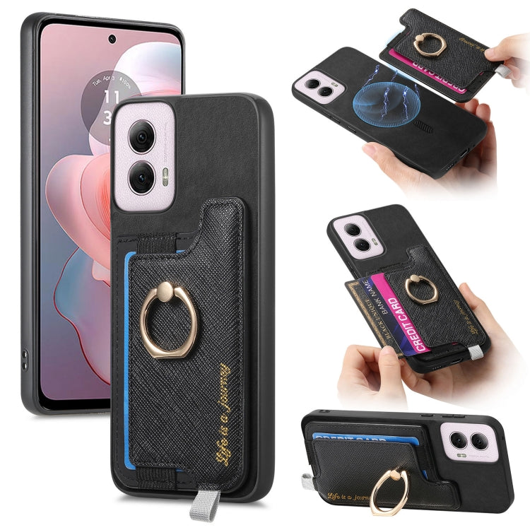 For Motorola Moto G Power 2024 5G Retro Magsafe Cross Leather Ring Holder Card Bag Phone Case(Black) by buy2fix