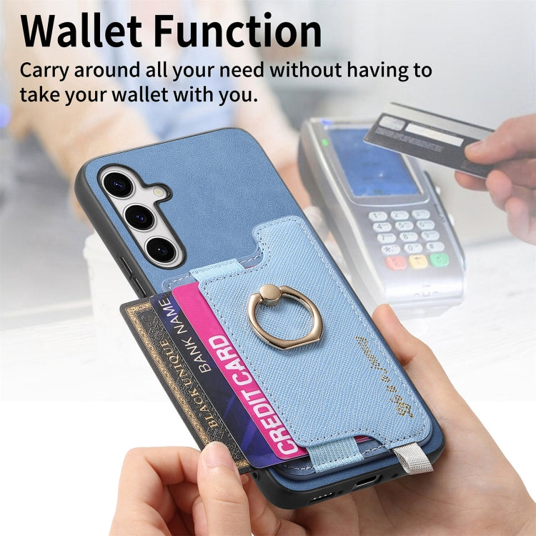 For Samsung Galaxy S25 5G Retro Cross Leather Ring Horizontal Insert Card Bag MagSafe Phone Case(Blue) by buy2fix