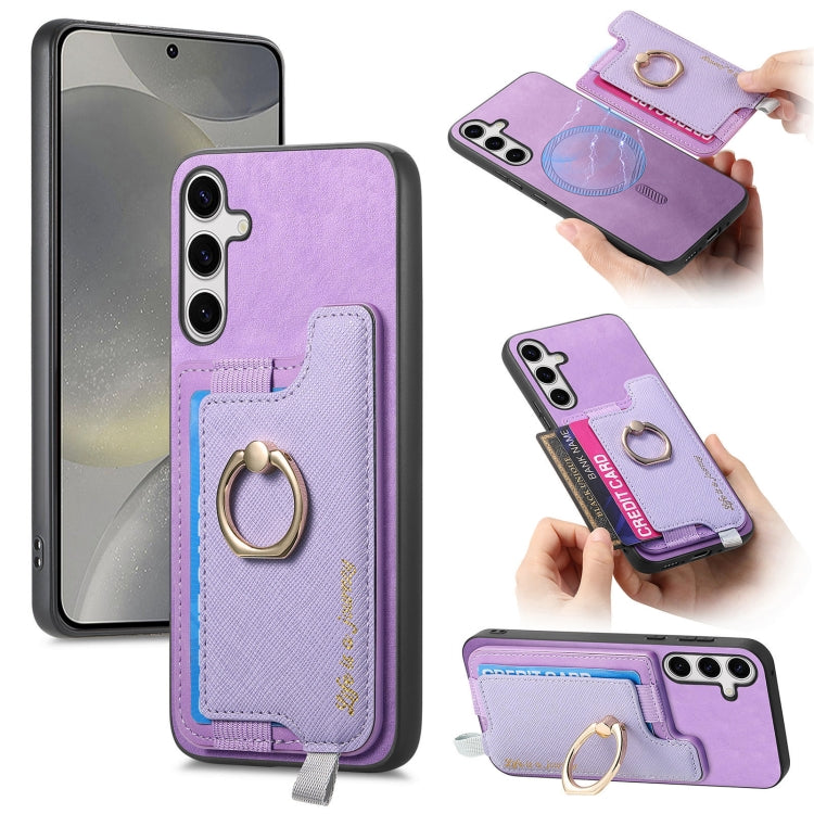 For Samsung Galaxy S25 5G Retro Cross Leather Ring Horizontal Insert Card Bag MagSafe Phone Case(Purple) by buy2fix
