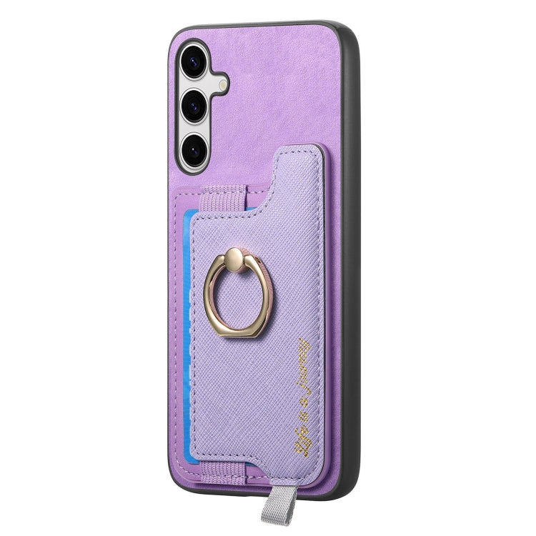For Samsung Galaxy S25 5G Retro Cross Leather Ring Horizontal Insert Card Bag MagSafe Phone Case(Purple) by buy2fix