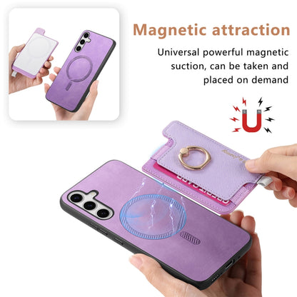 For Samsung Galaxy S25 5G Retro Cross Leather Ring Horizontal Insert Card Bag MagSafe Phone Case(Purple) by buy2fix
