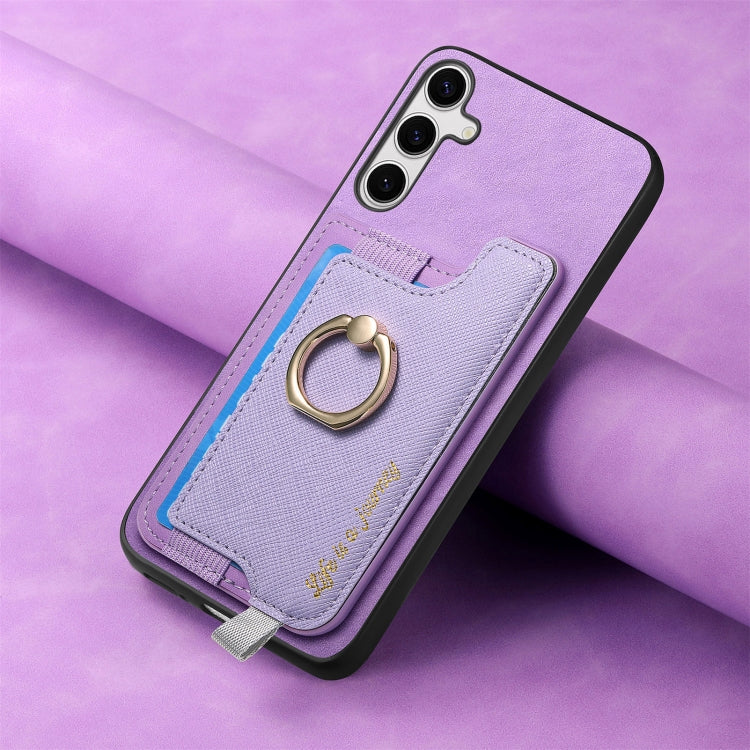 For Samsung Galaxy S25 5G Retro Cross Leather Ring Horizontal Insert Card Bag MagSafe Phone Case(Purple) by buy2fix