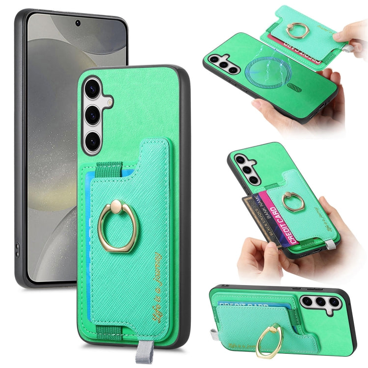For Samsung Galaxy S25 5G Retro Cross Leather Ring Horizontal Insert Card Bag MagSafe Phone Case(Green) by buy2fix