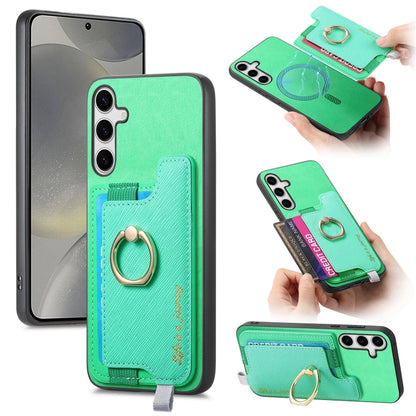 For Samsung Galaxy S25 5G Retro Cross Leather Ring Horizontal Insert Card Bag MagSafe Phone Case(Green) by buy2fix