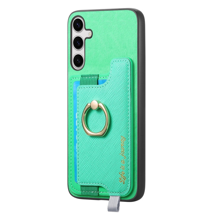 For Samsung Galaxy S25 5G Retro Cross Leather Ring Horizontal Insert Card Bag MagSafe Phone Case(Green) by buy2fix