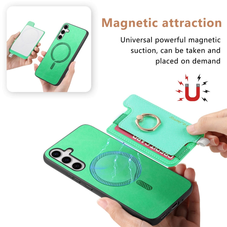 For Samsung Galaxy S25 5G Retro Cross Leather Ring Horizontal Insert Card Bag MagSafe Phone Case(Green) by buy2fix