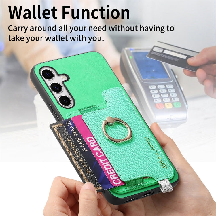 For Samsung Galaxy S25 5G Retro Cross Leather Ring Horizontal Insert Card Bag MagSafe Phone Case(Green) by buy2fix