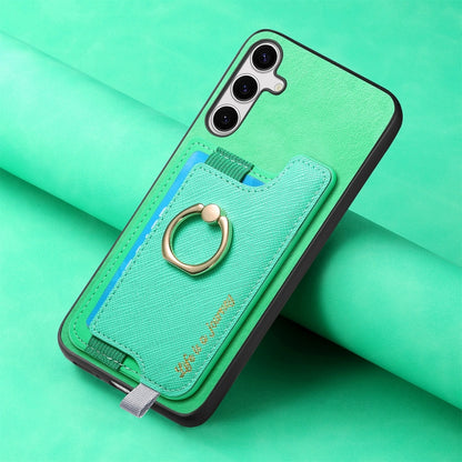 For Samsung Galaxy S25 5G Retro Cross Leather Ring Horizontal Insert Card Bag MagSafe Phone Case(Green) by buy2fix