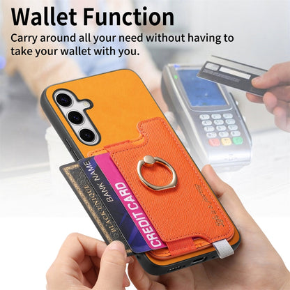 For Samsung Galaxy S25+ 5G Retro Cross Leather Ring Horizontal Insert Card Bag MagSafe Phone Case(Yellow) by buy2fix