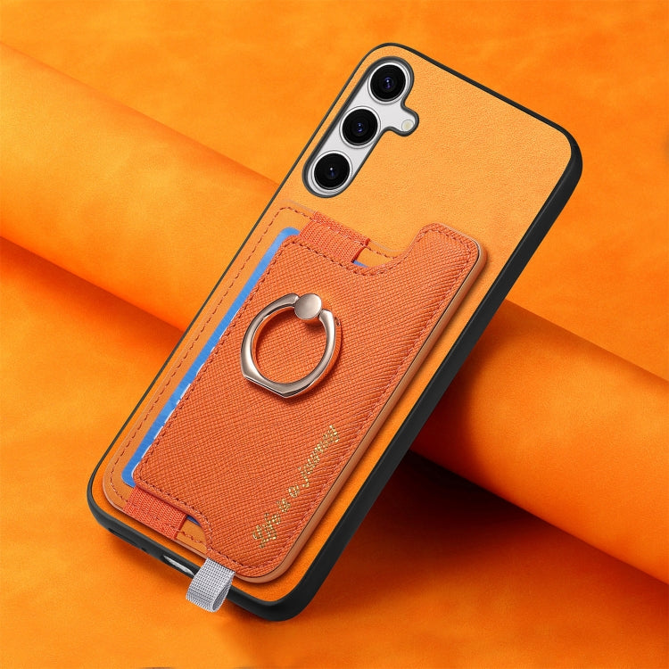 For Samsung Galaxy S25+ 5G Retro Cross Leather Ring Horizontal Insert Card Bag MagSafe Phone Case(Yellow) by buy2fix