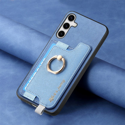 For Samsung Galaxy S25+ 5G Retro Cross Leather Ring Horizontal Insert Card Bag MagSafe Phone Case(Blue) by buy2fix