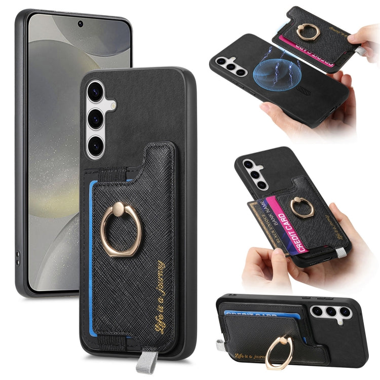 For Samsung Galaxy S25+ 5G Retro Cross Leather Ring Horizontal Insert Card Bag MagSafe Phone Case(Black) by buy2fix