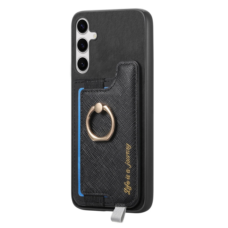 For Samsung Galaxy S25+ 5G Retro Cross Leather Ring Horizontal Insert Card Bag MagSafe Phone Case(Black) by buy2fix