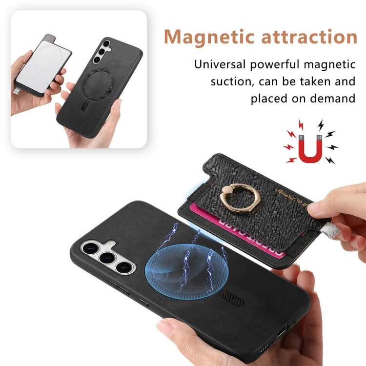 For Samsung Galaxy S25+ 5G Retro Cross Leather Ring Horizontal Insert Card Bag MagSafe Phone Case(Black) by buy2fix