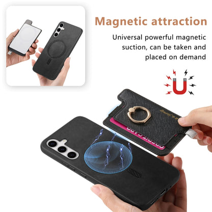 For Samsung Galaxy S25+ 5G Retro Cross Leather Ring Horizontal Insert Card Bag MagSafe Phone Case(Black) by buy2fix